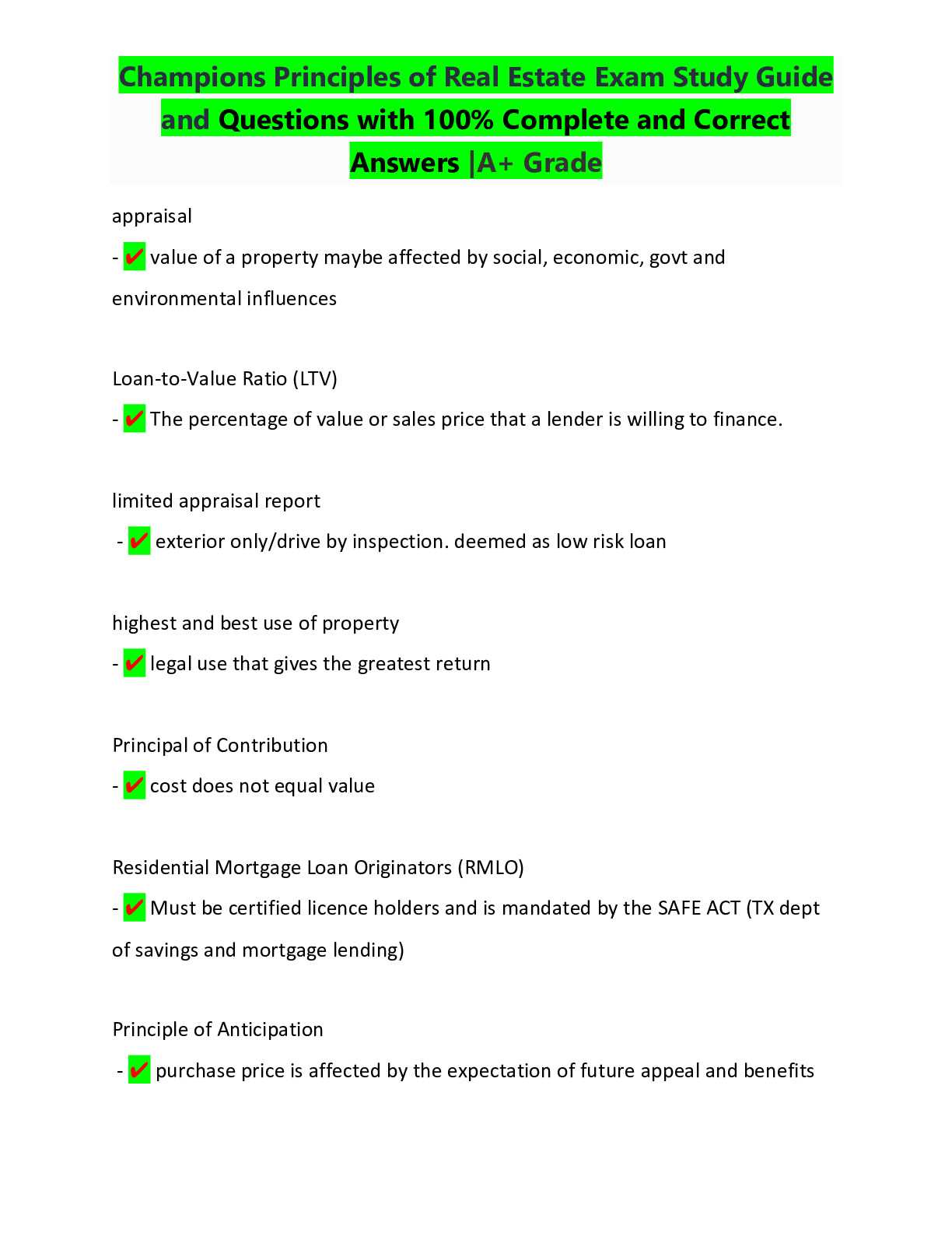 real estate principles final exam answers