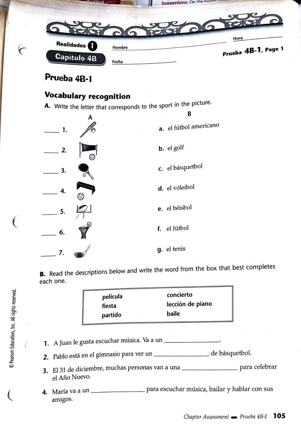 realidades 1 examen del capitulo 4b answers