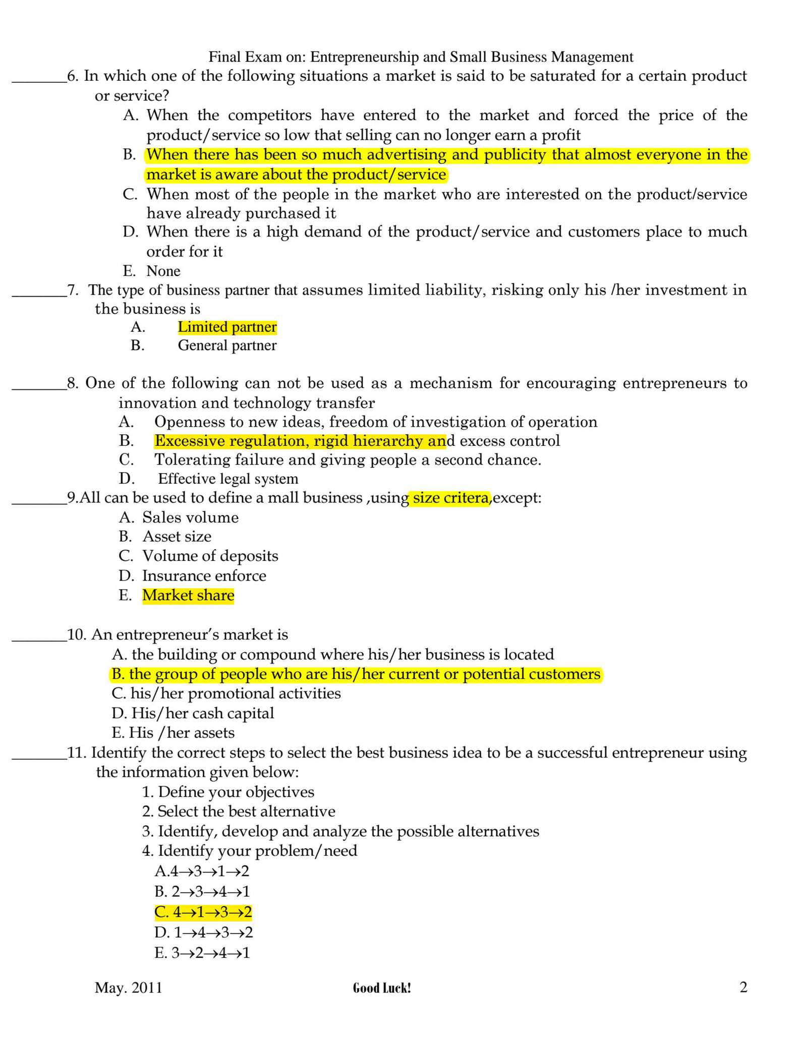 entrepreneurship final exam questions and answers