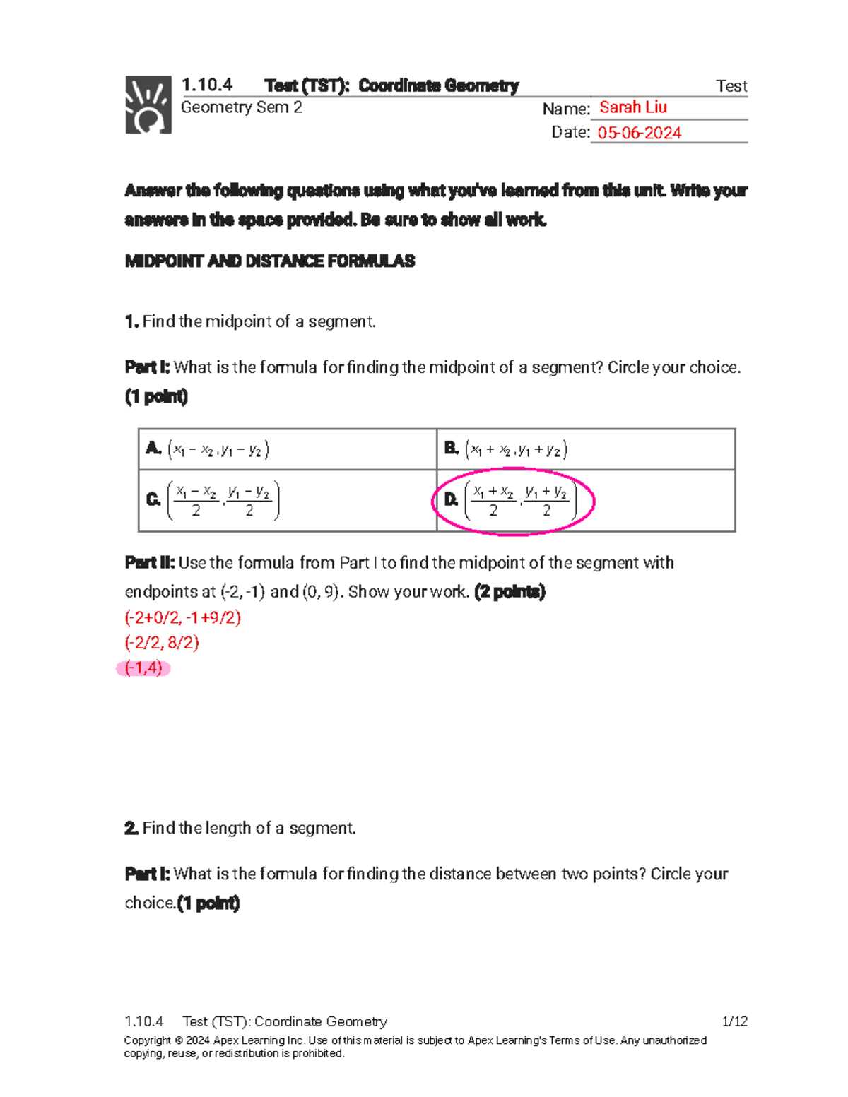 geometry semester 2 practice exam answers