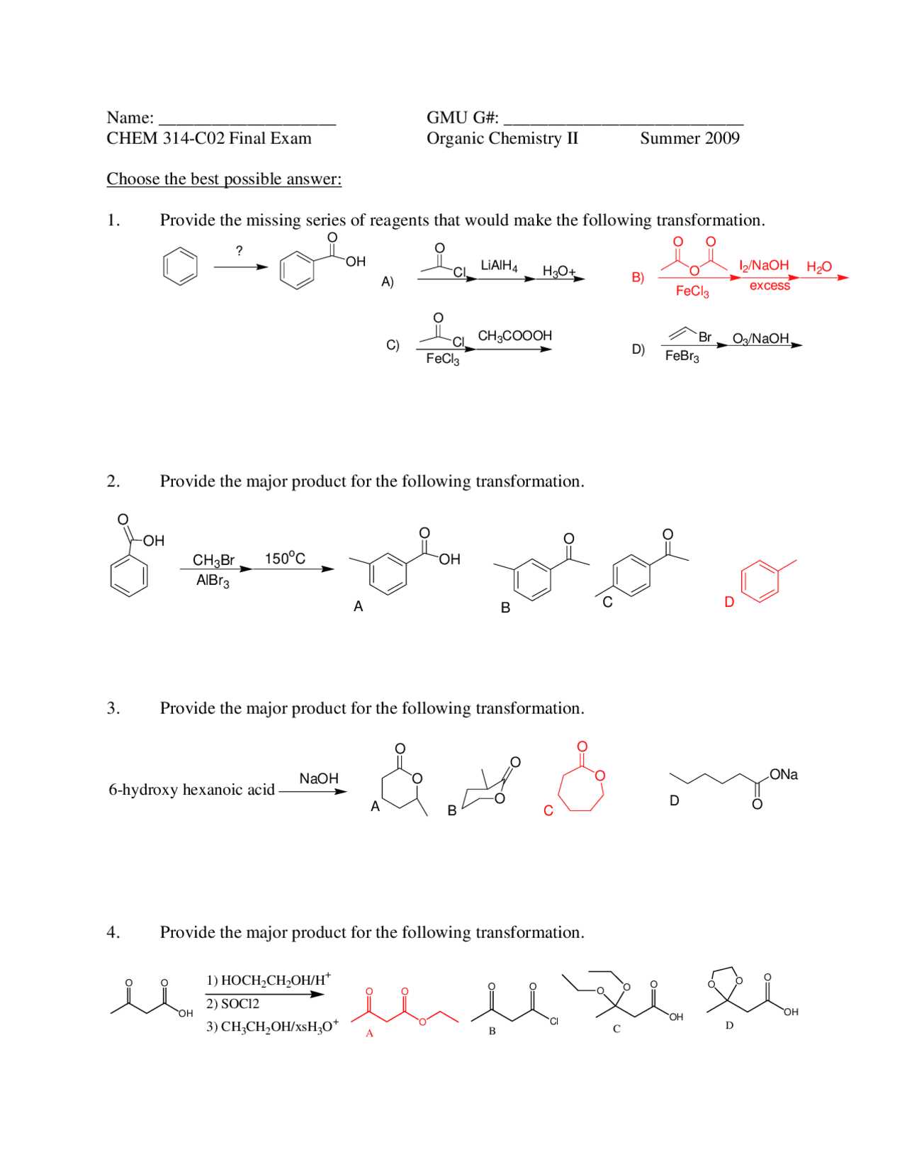 chemistry final exam answer key