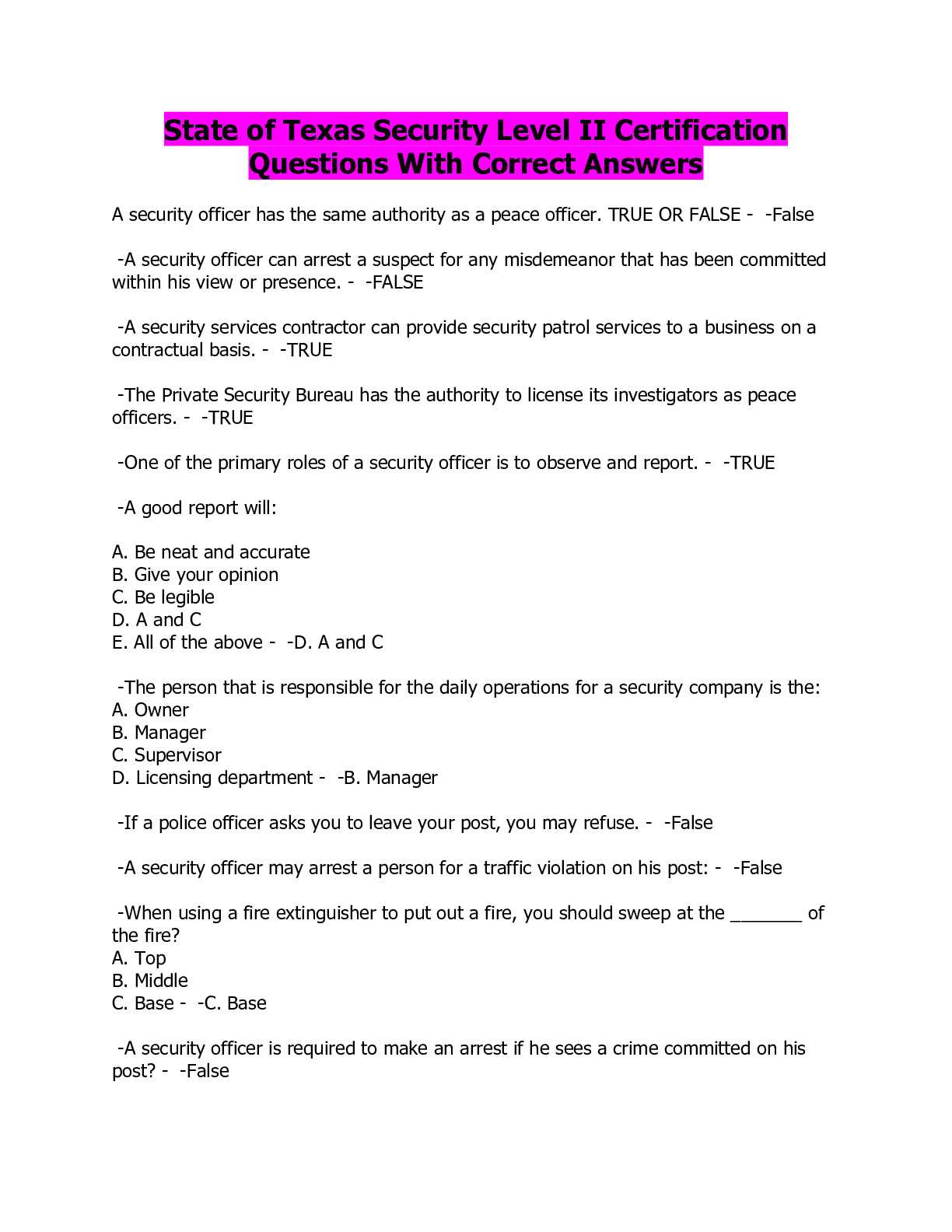 security guard test questions and answers