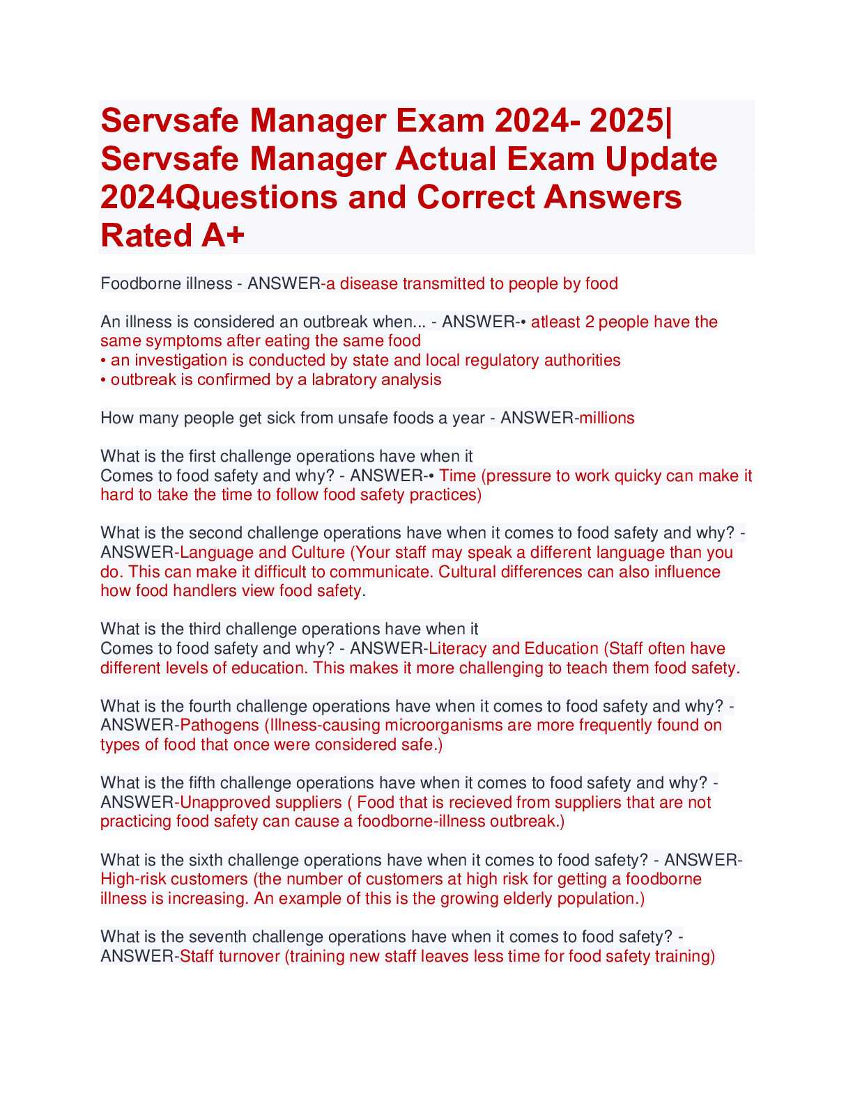 servsafe manager exam answers 2025