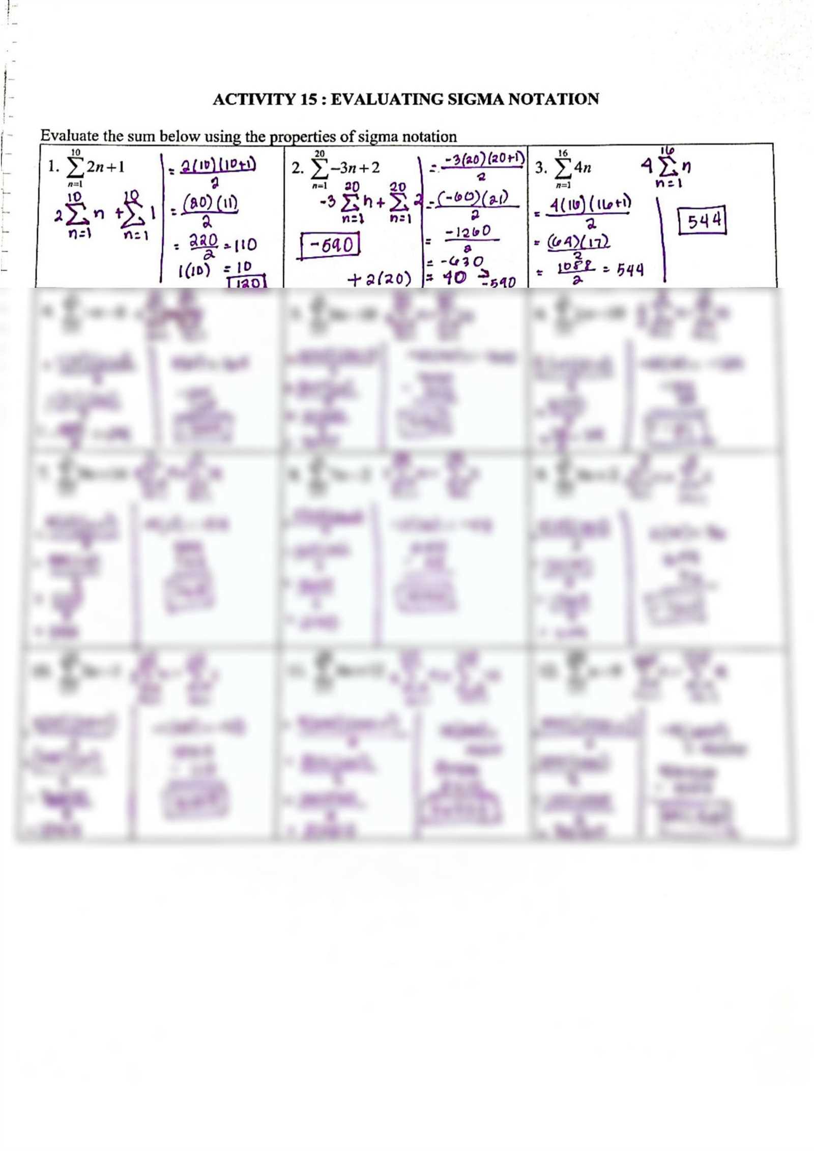 sigma notation worksheet answers