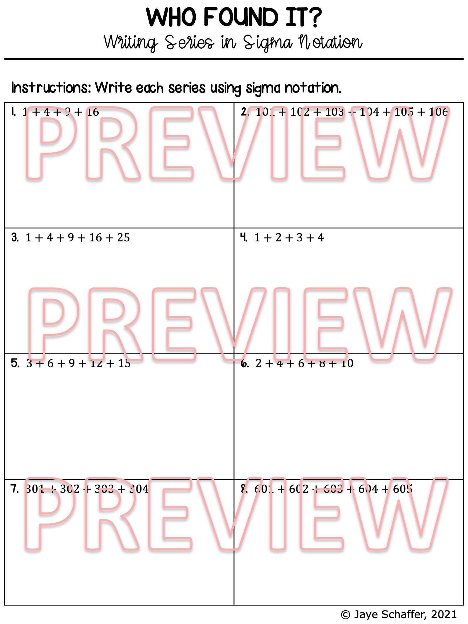 sigma notation worksheet answers