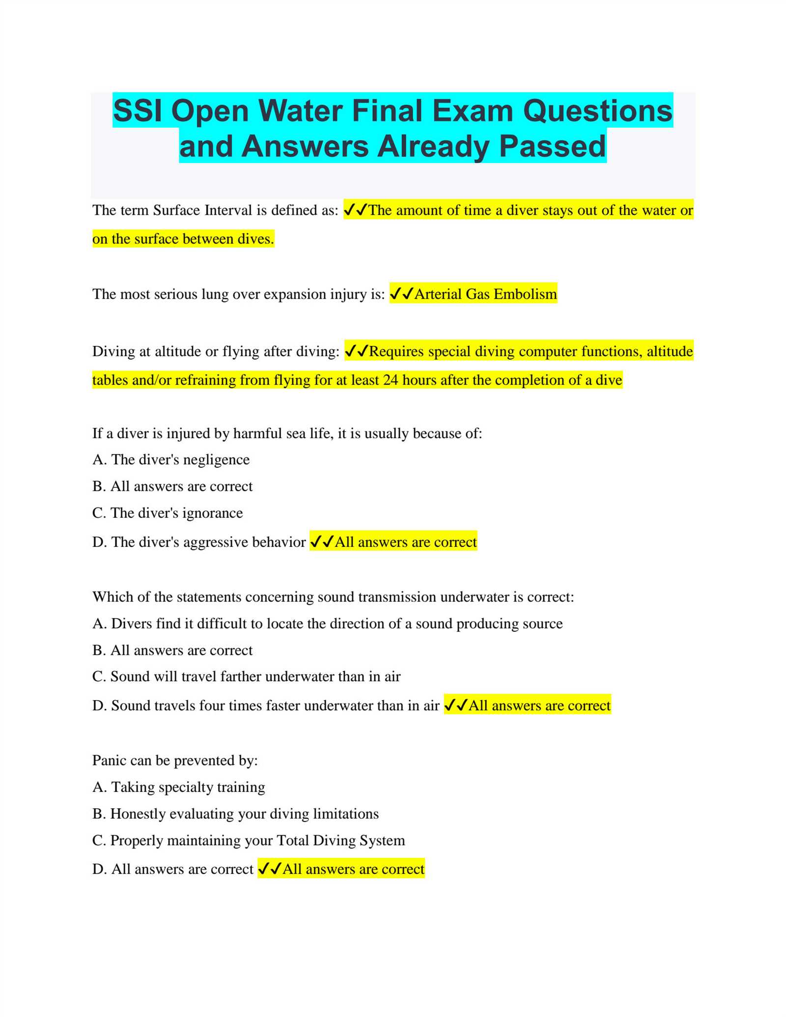 ssi open water diver exam answers