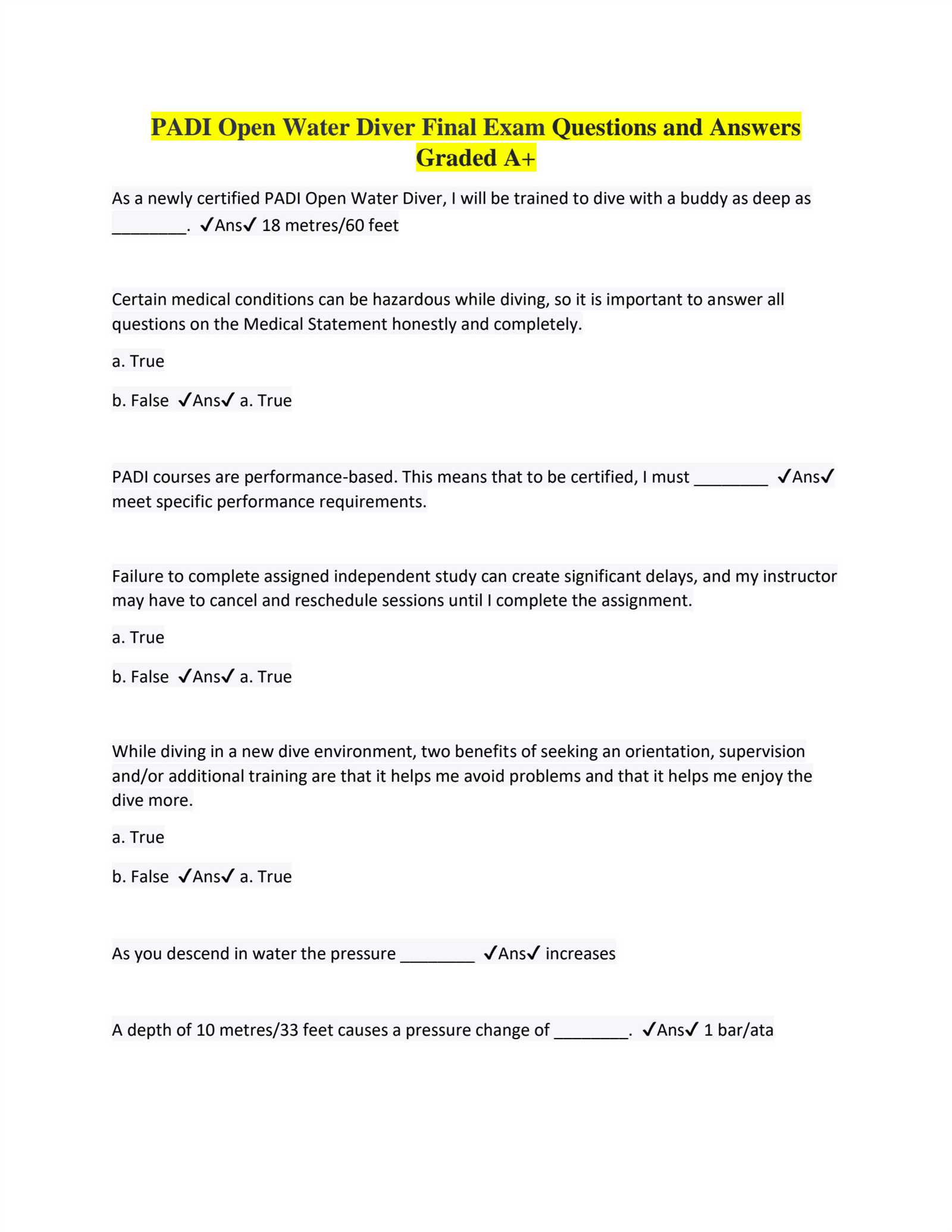 ssi open water diver exam answers