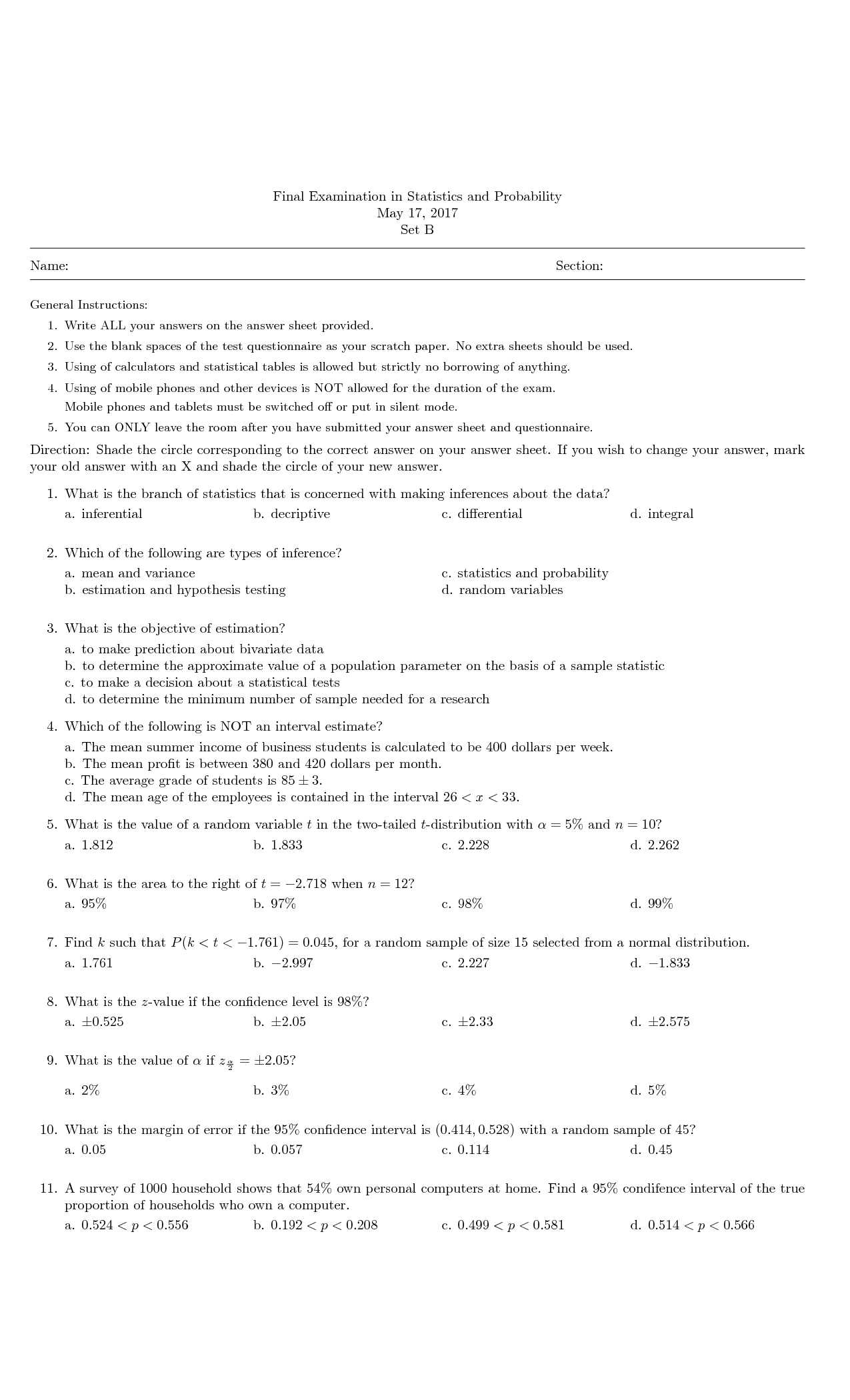 statistic final exam answers