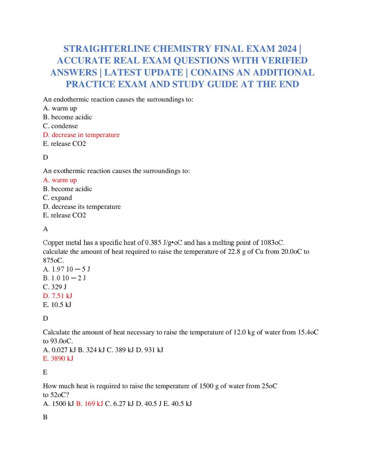 straighterline chemistry final exam answers