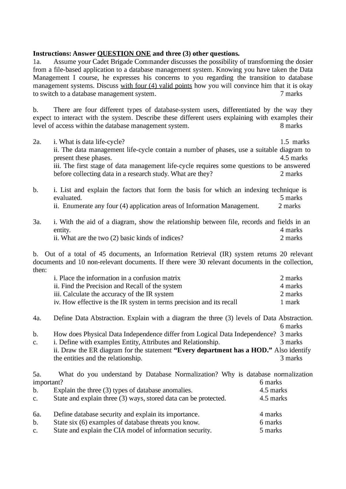 database management exam questions and answers