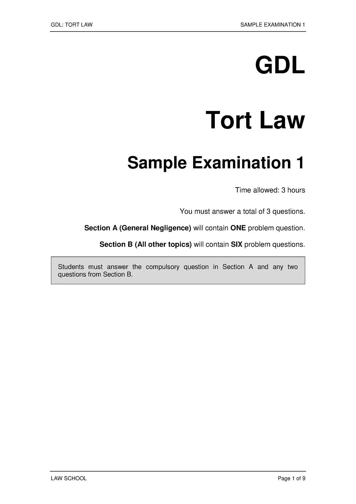 torts negligence sample exam answer