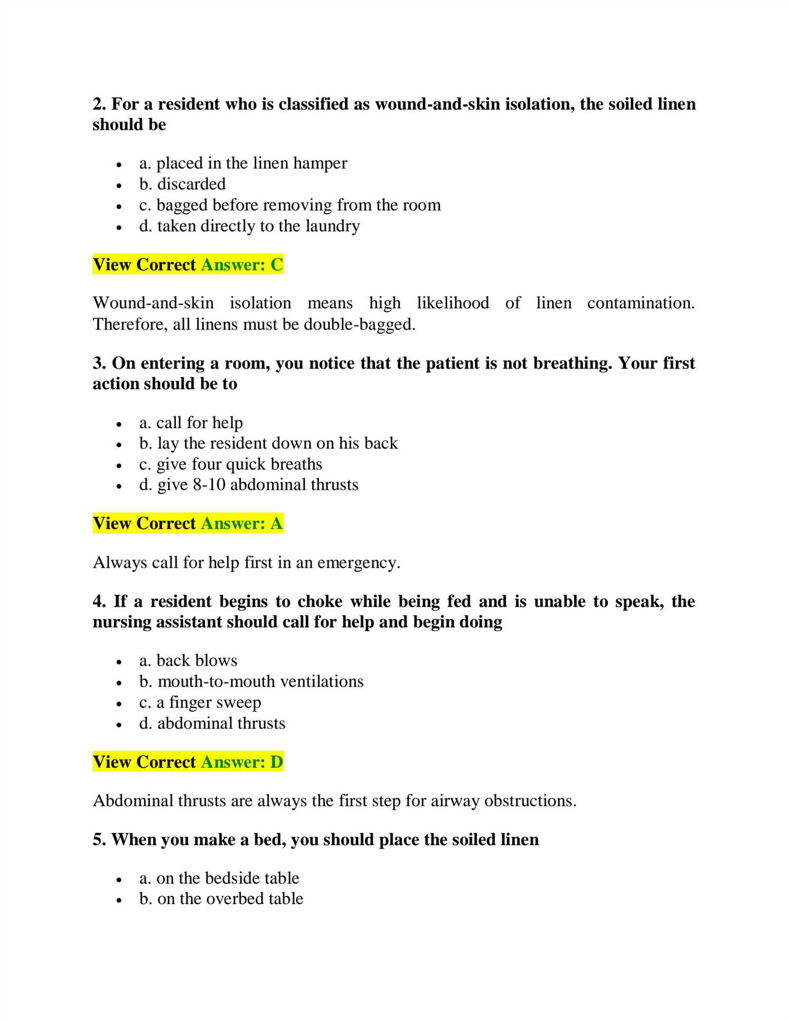 nursing assistant nurse aide practice exam 3 answers