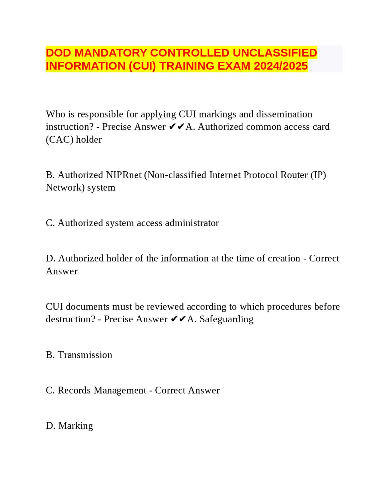 marking classified information exam answers