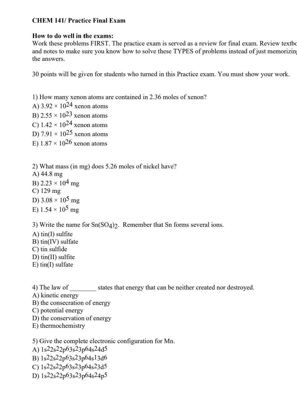 chemistry semester 1 exam review answers