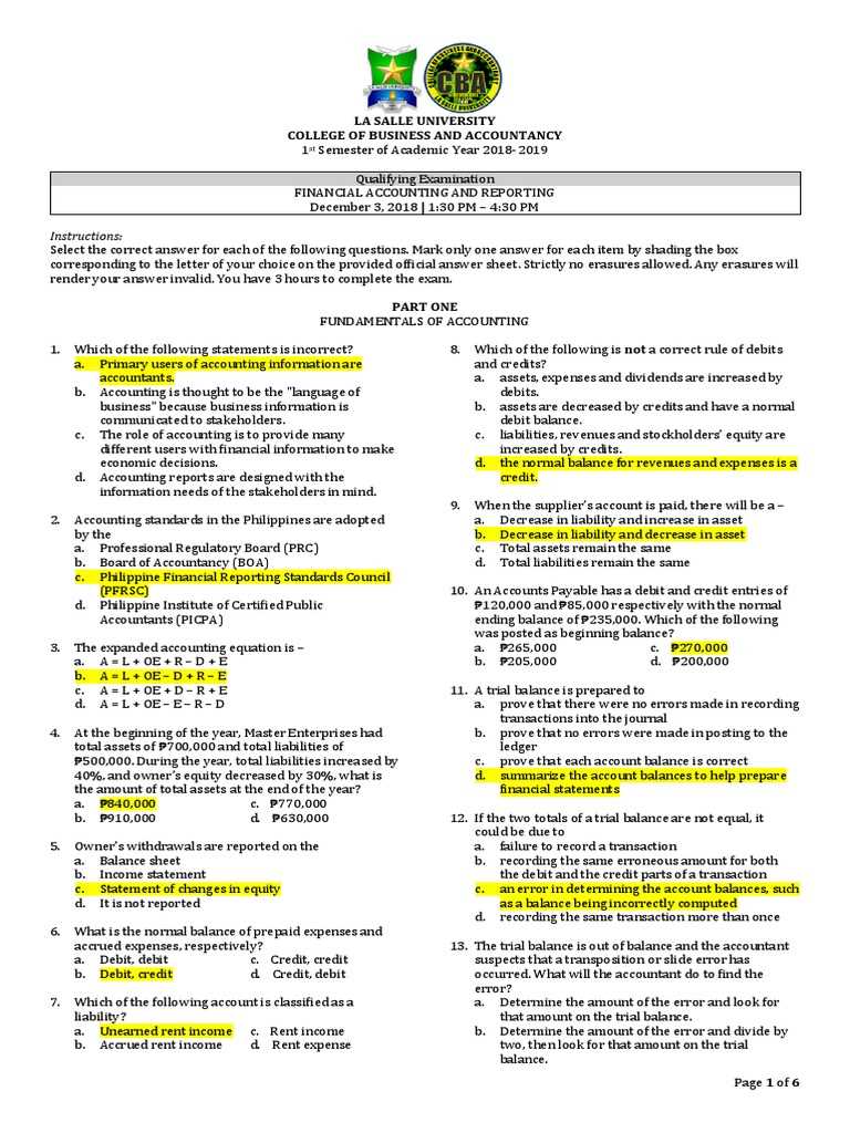 financial reporting exam questions and answers