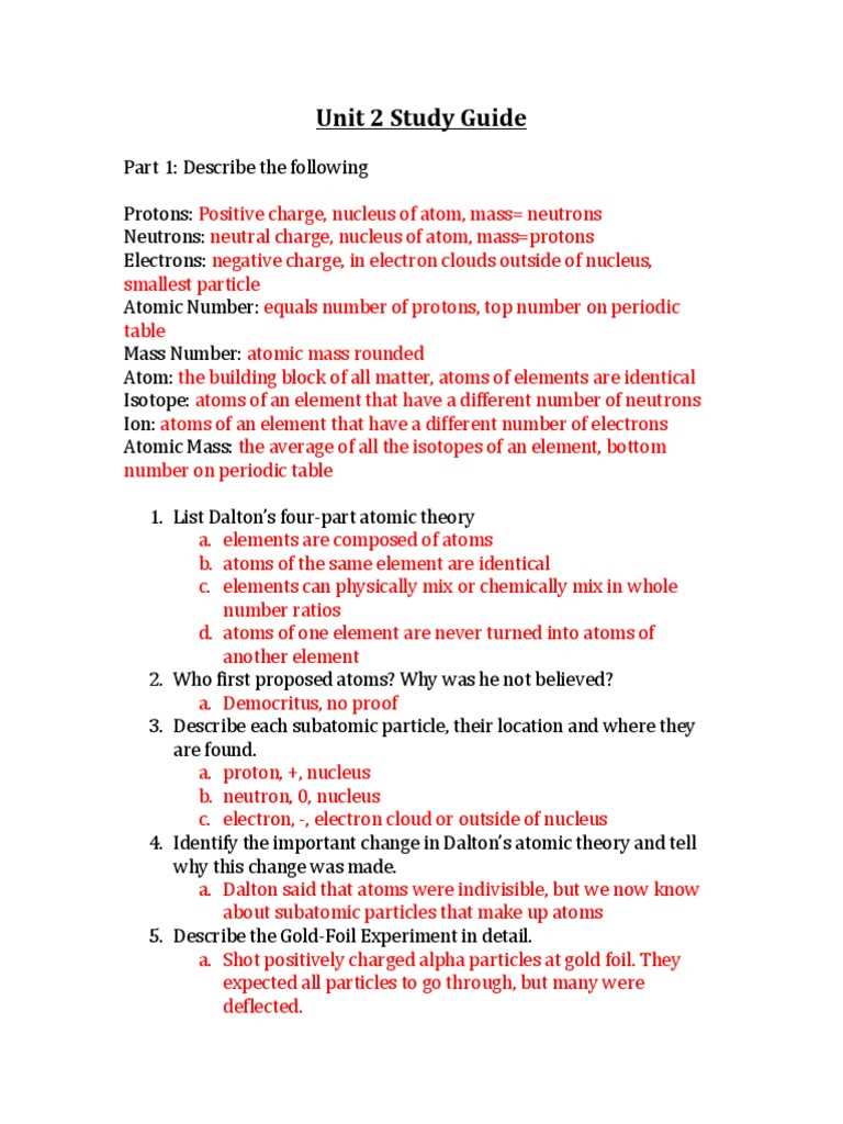 unit 2 exam review chemistry answer key