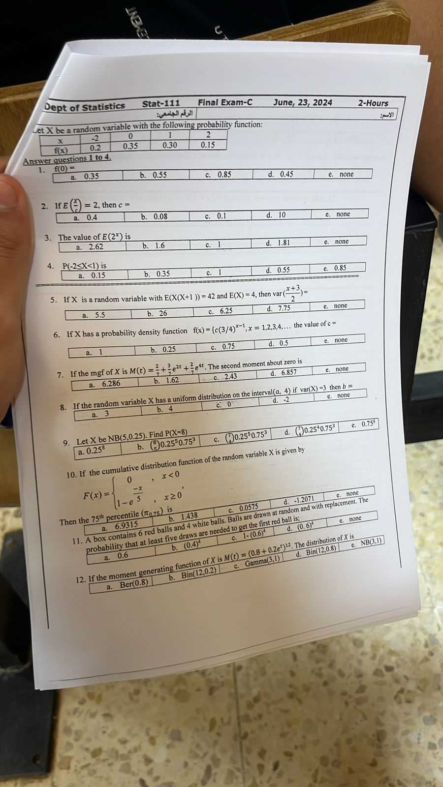 probability and statistics final exam answers