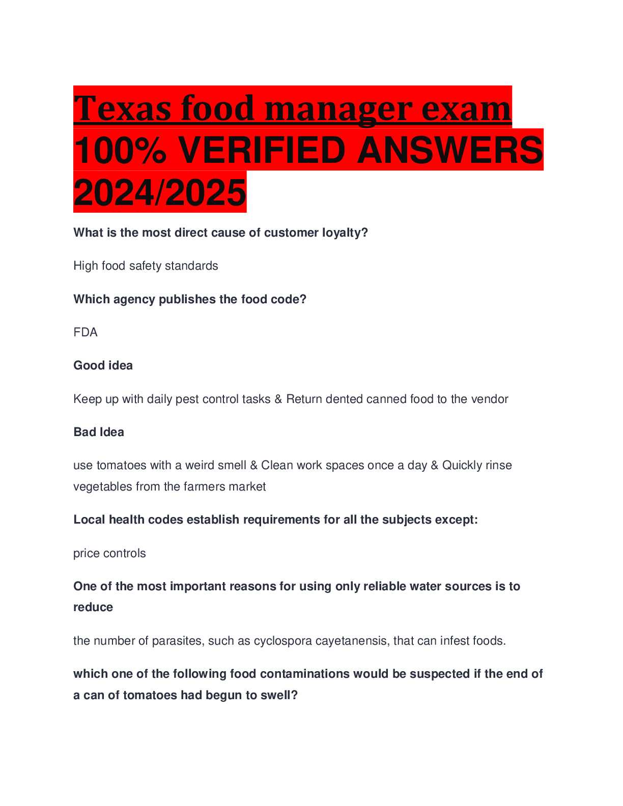 answers to the food handlers exam