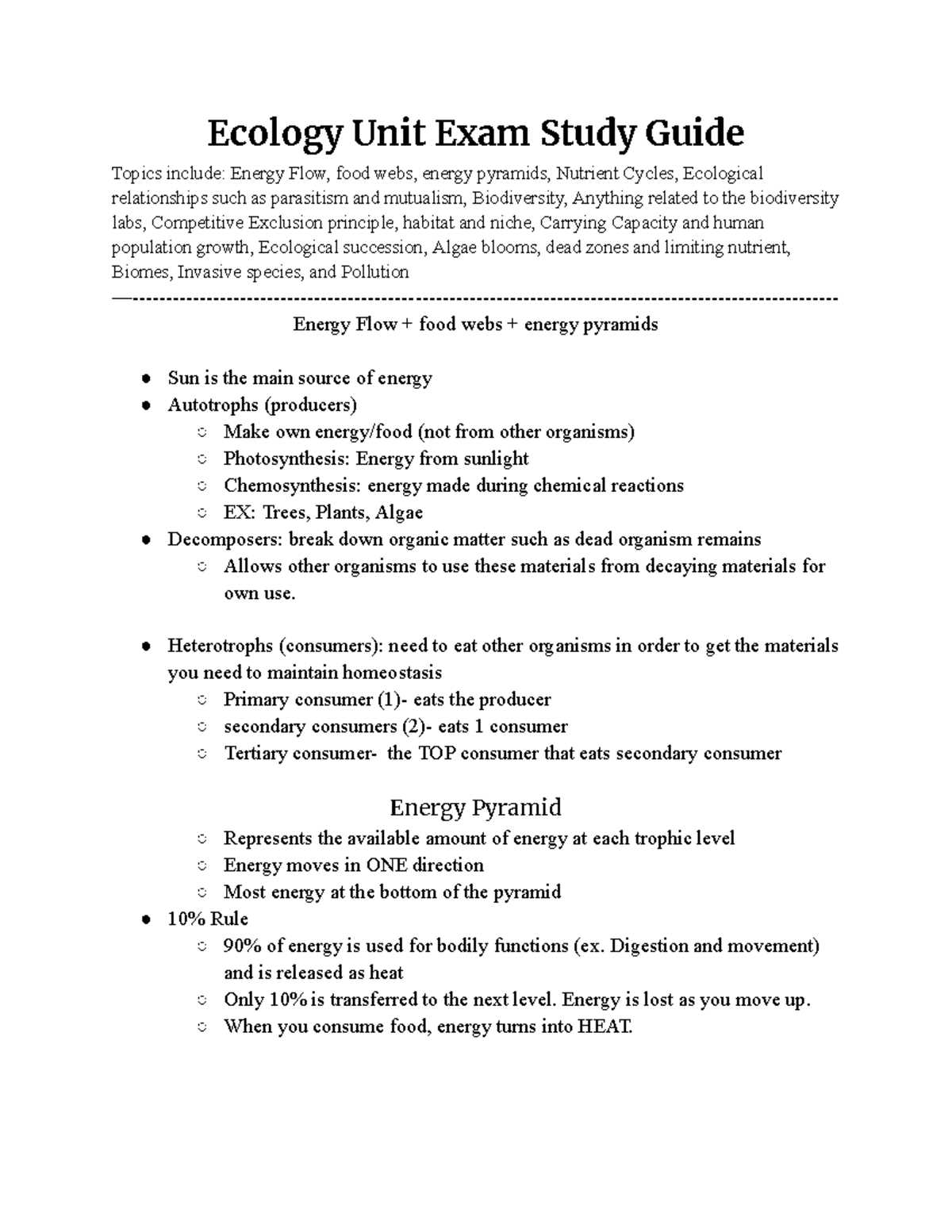 ecology unit exam answers