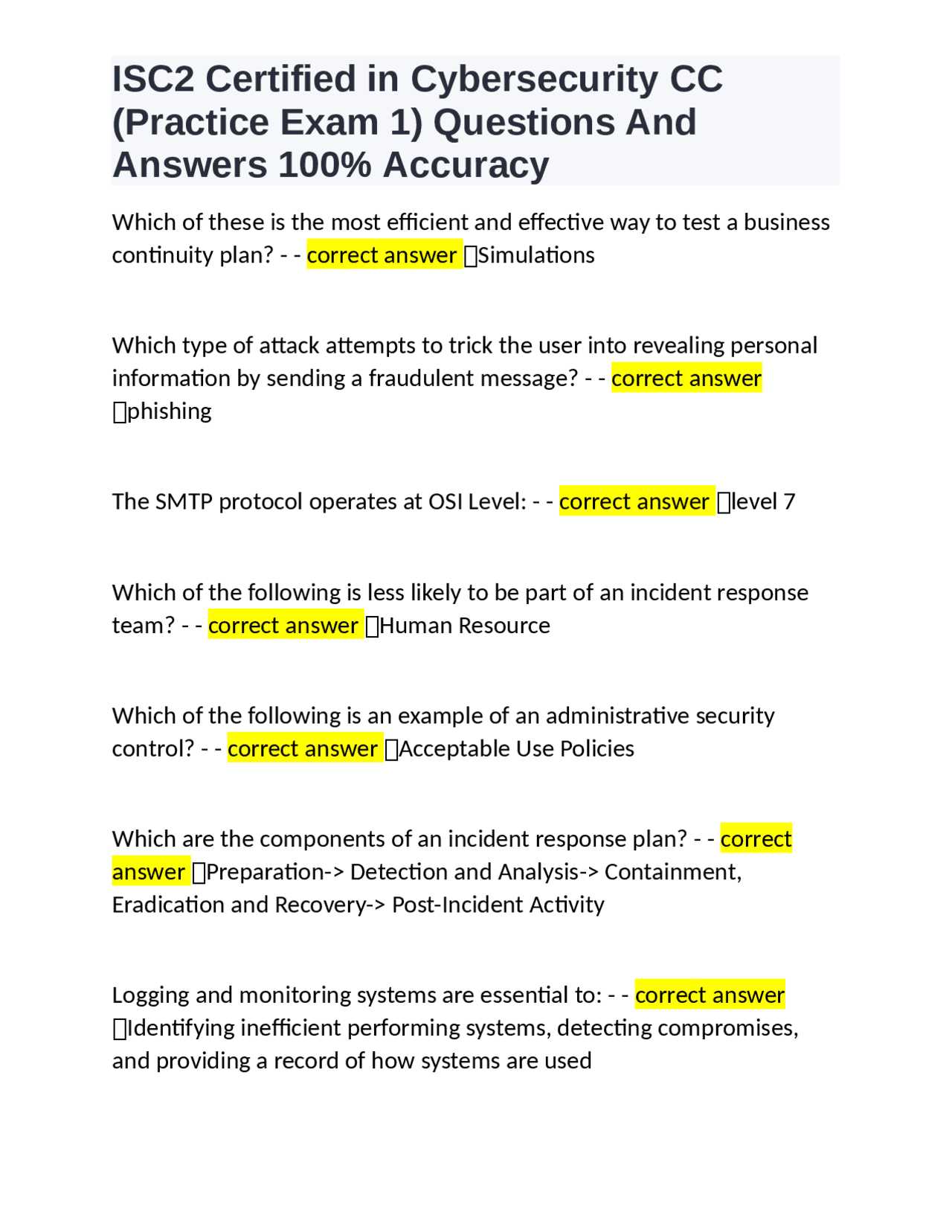 certified in cybersecurity exam questions and answers