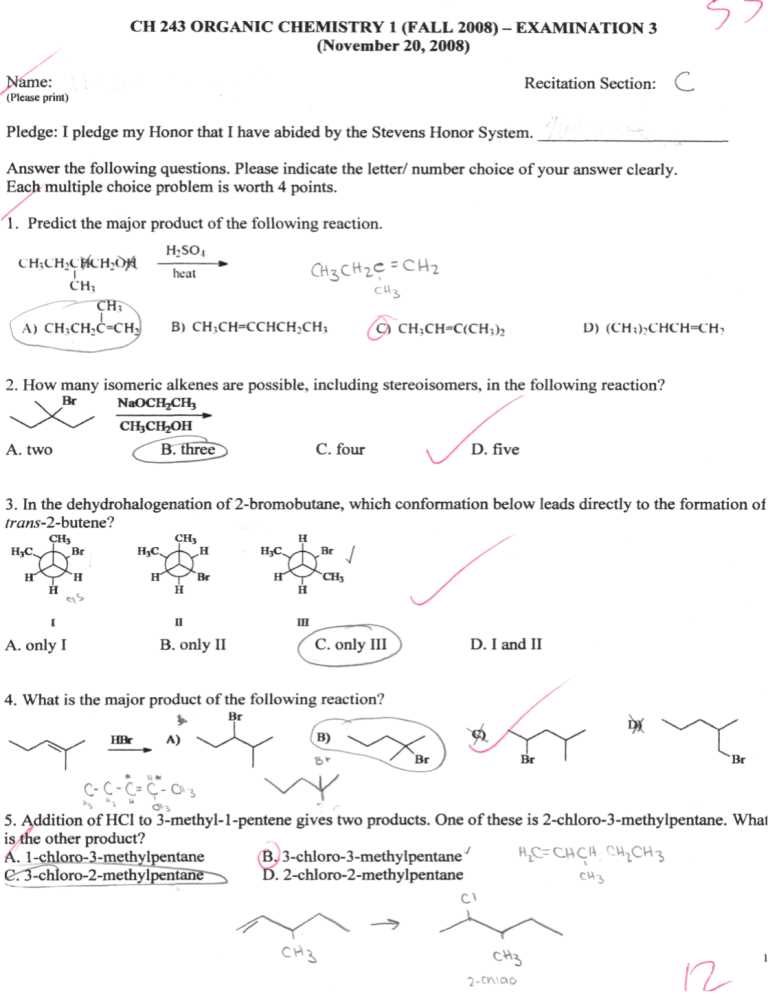 organic chemistry exam 3 answer key