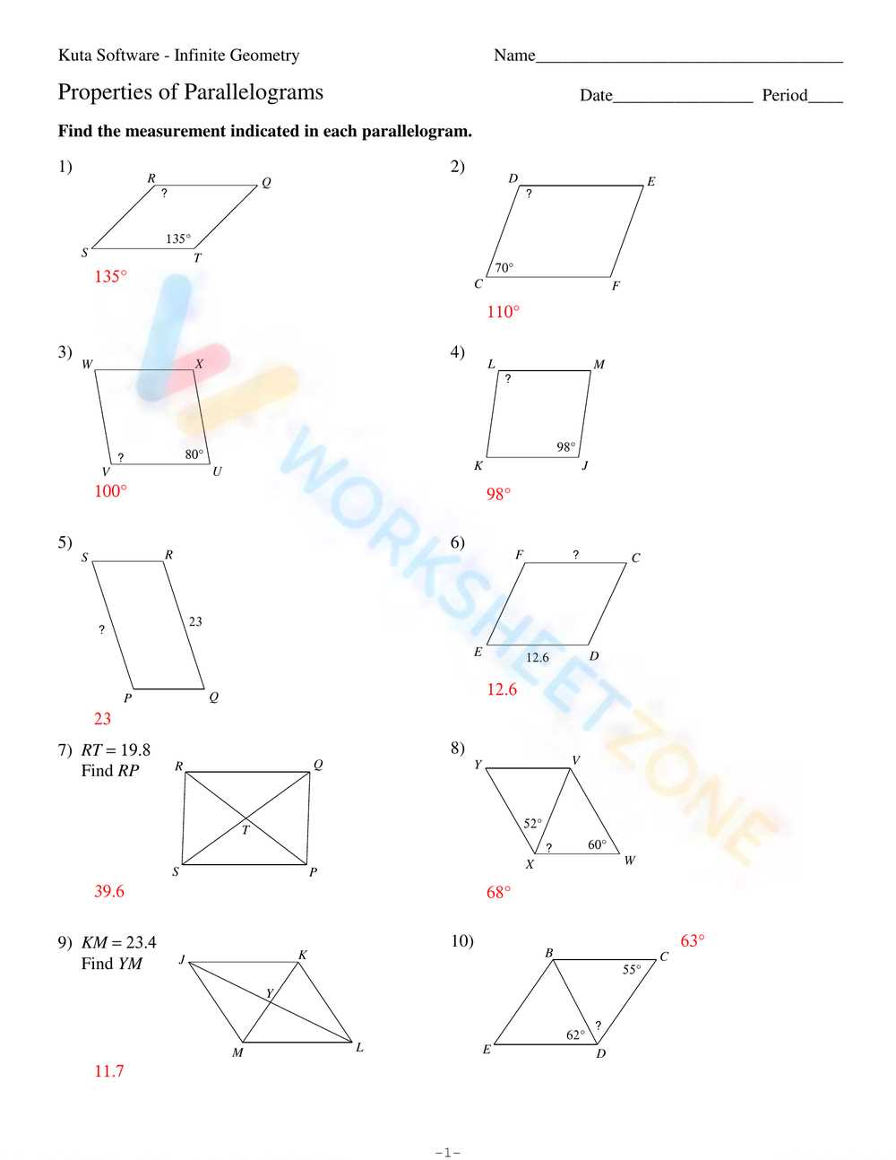 lesson 6.2 practice a properties of parallelograms answer key