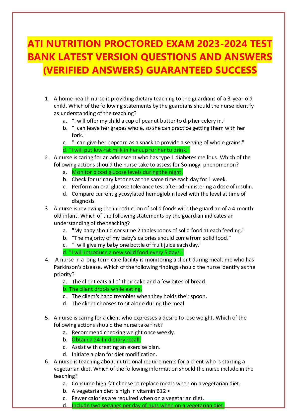 nutrition final exam questions and answers