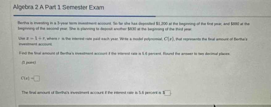 algebra 2 semester 2 final exam answers