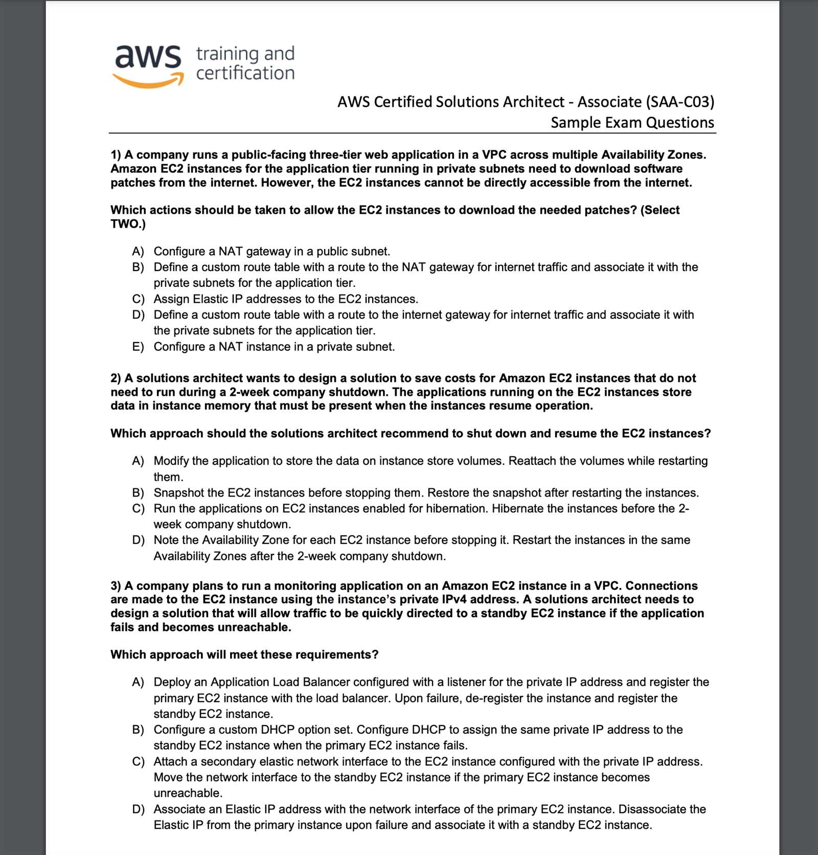 aws solution architect exam questions and answers