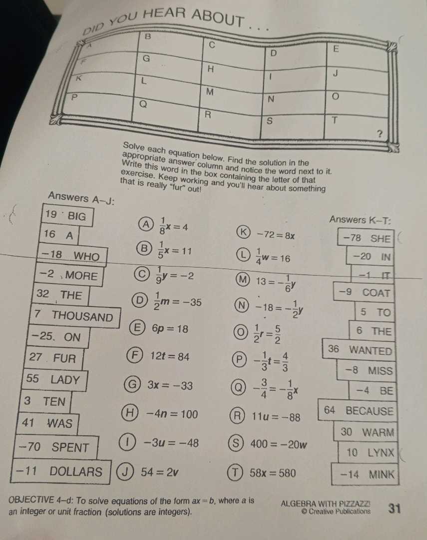 creative publications algebra with pizzazz answers key