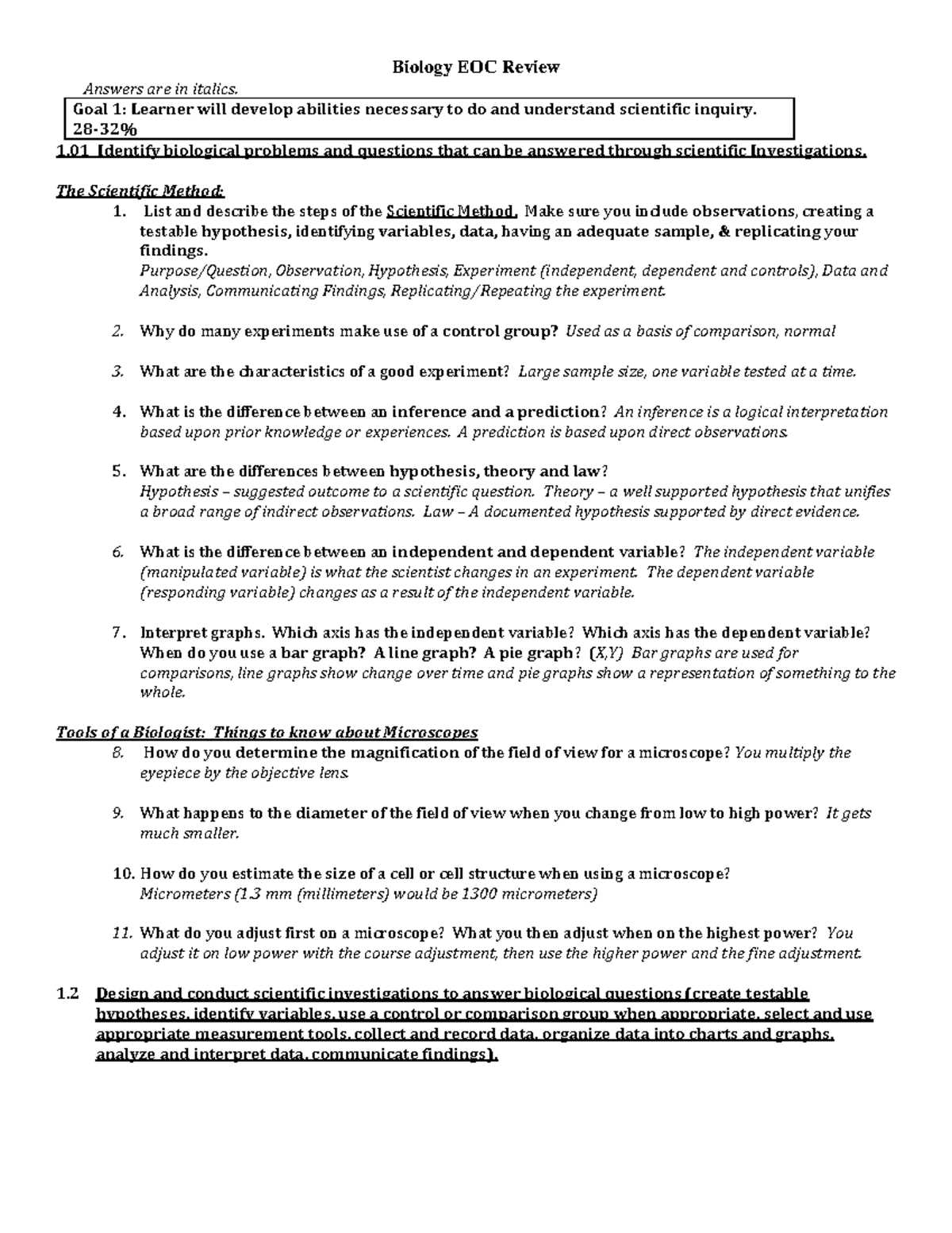 biology 1 eoc practice test answers