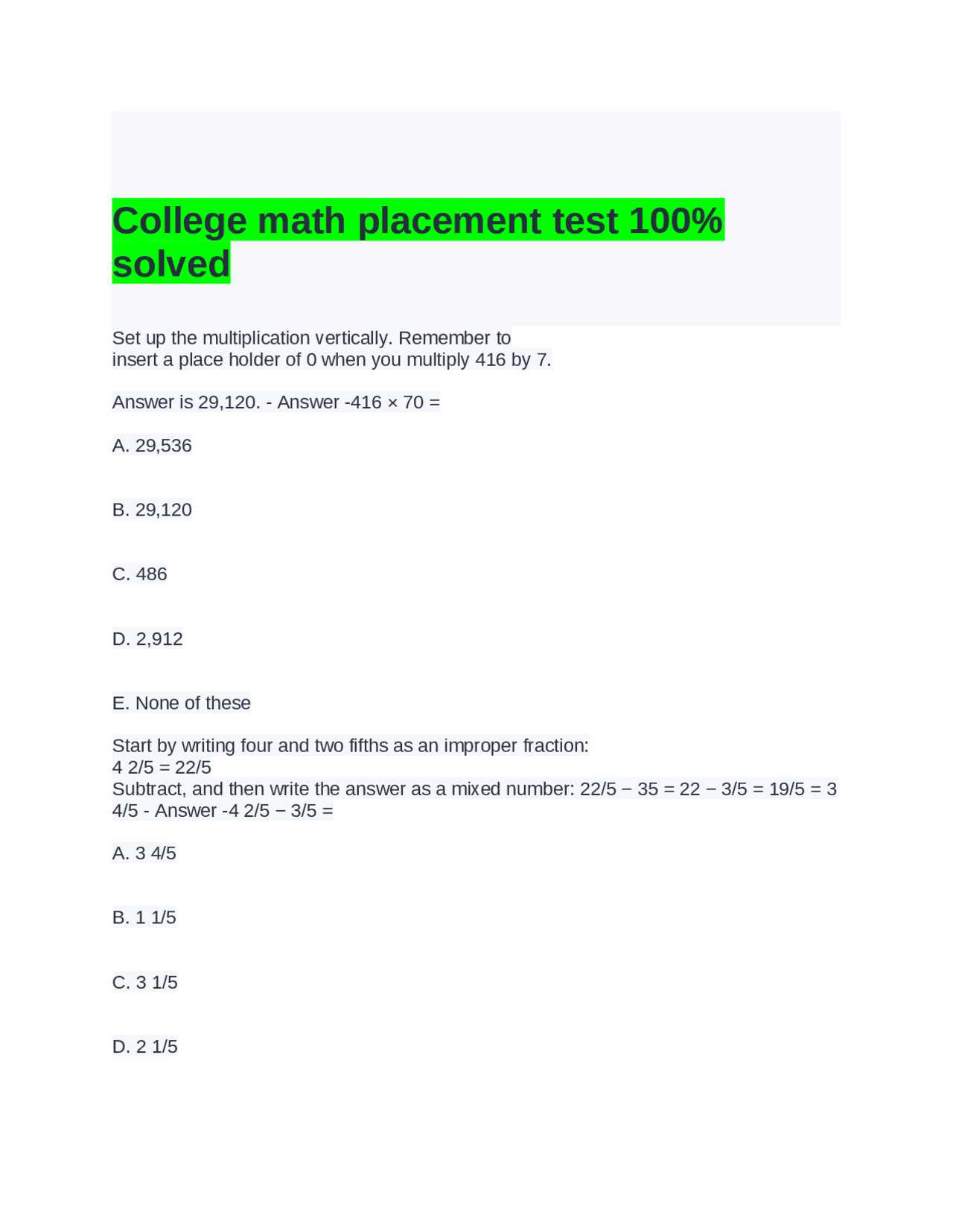 algebra 2 placement test answers