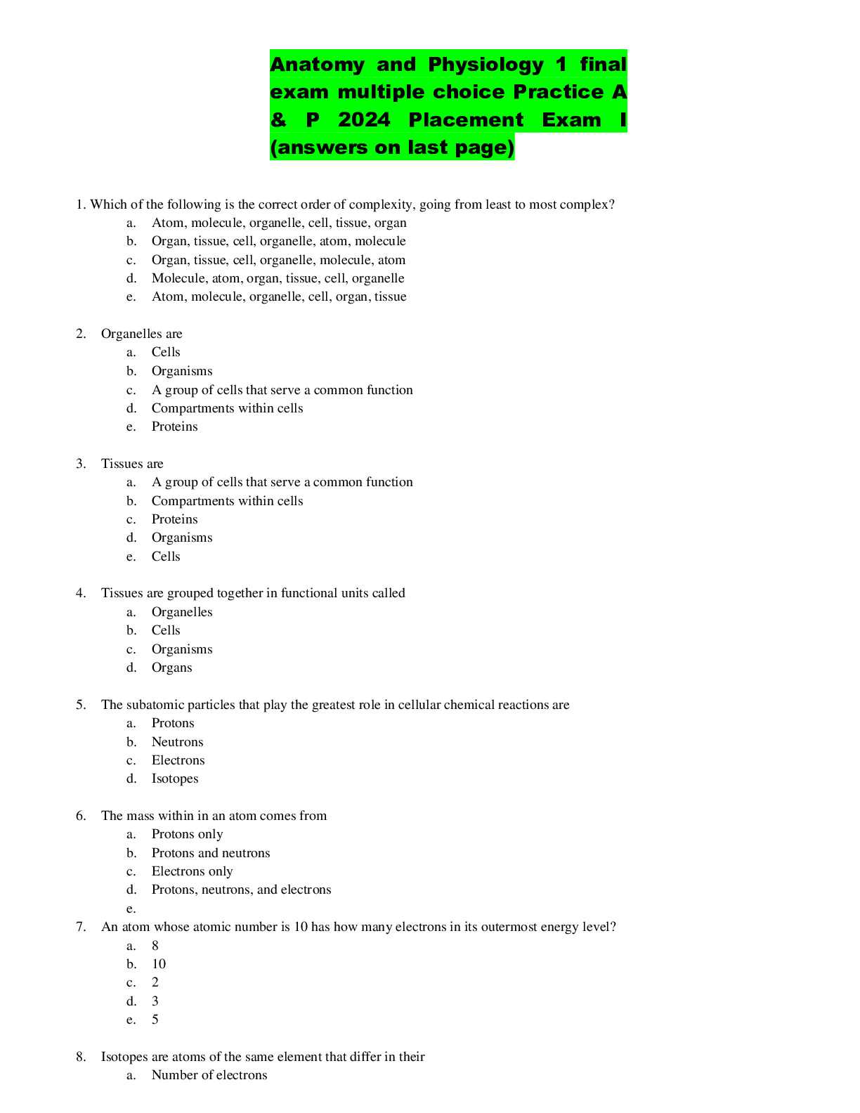 anatomy physiology final exam answers