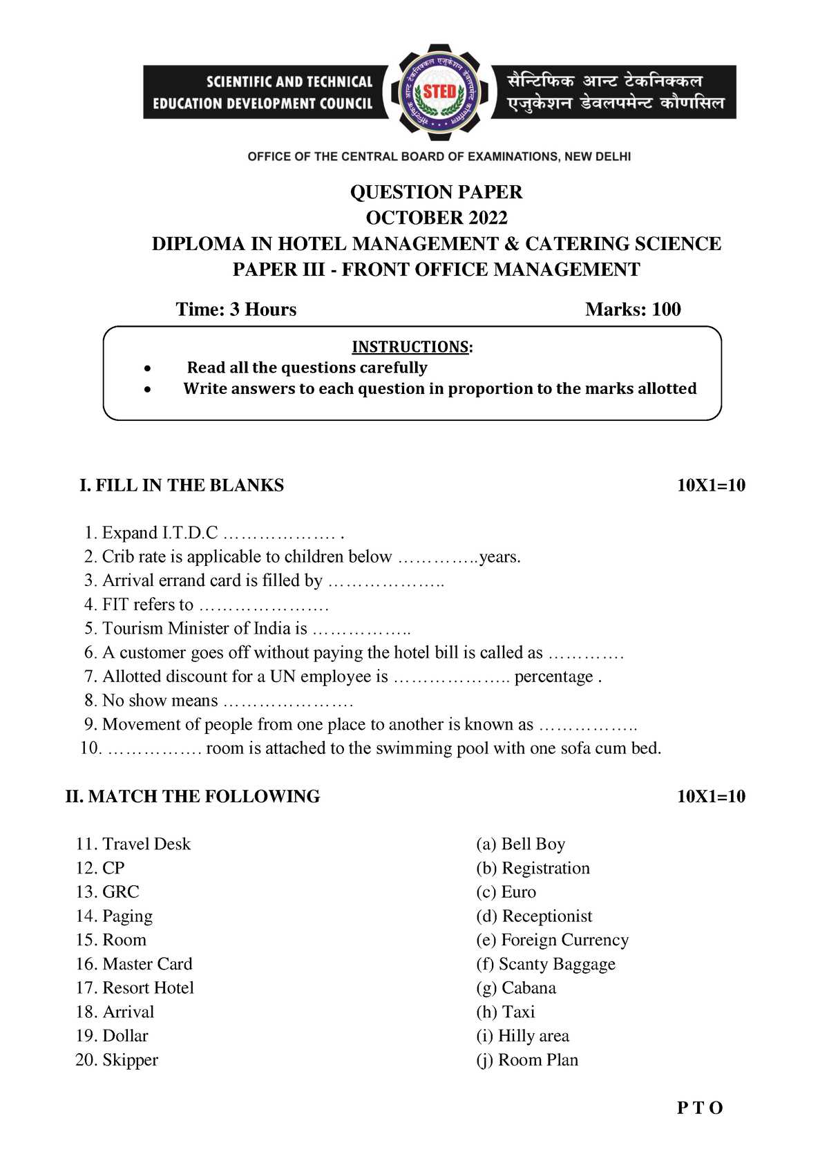 hotel front office exam questions and answers