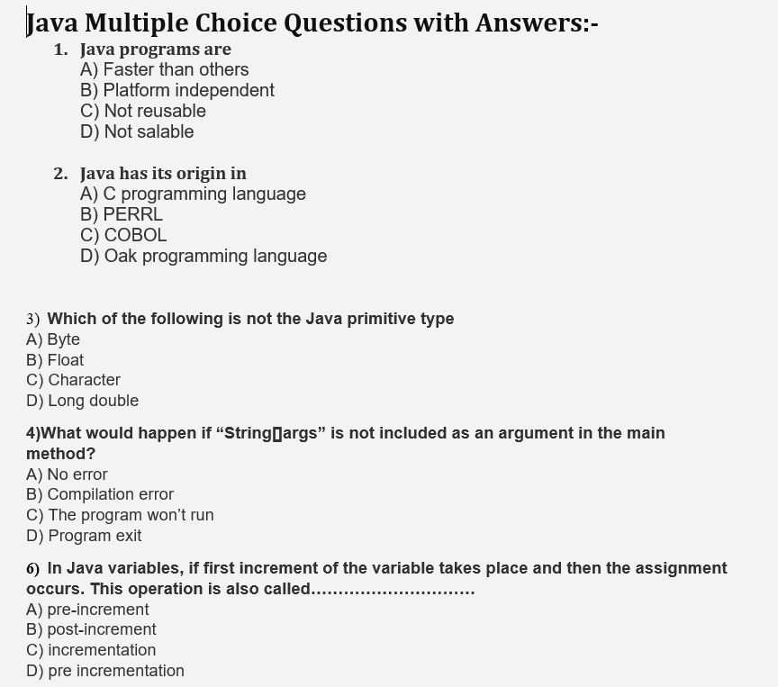 java exam questions and answers