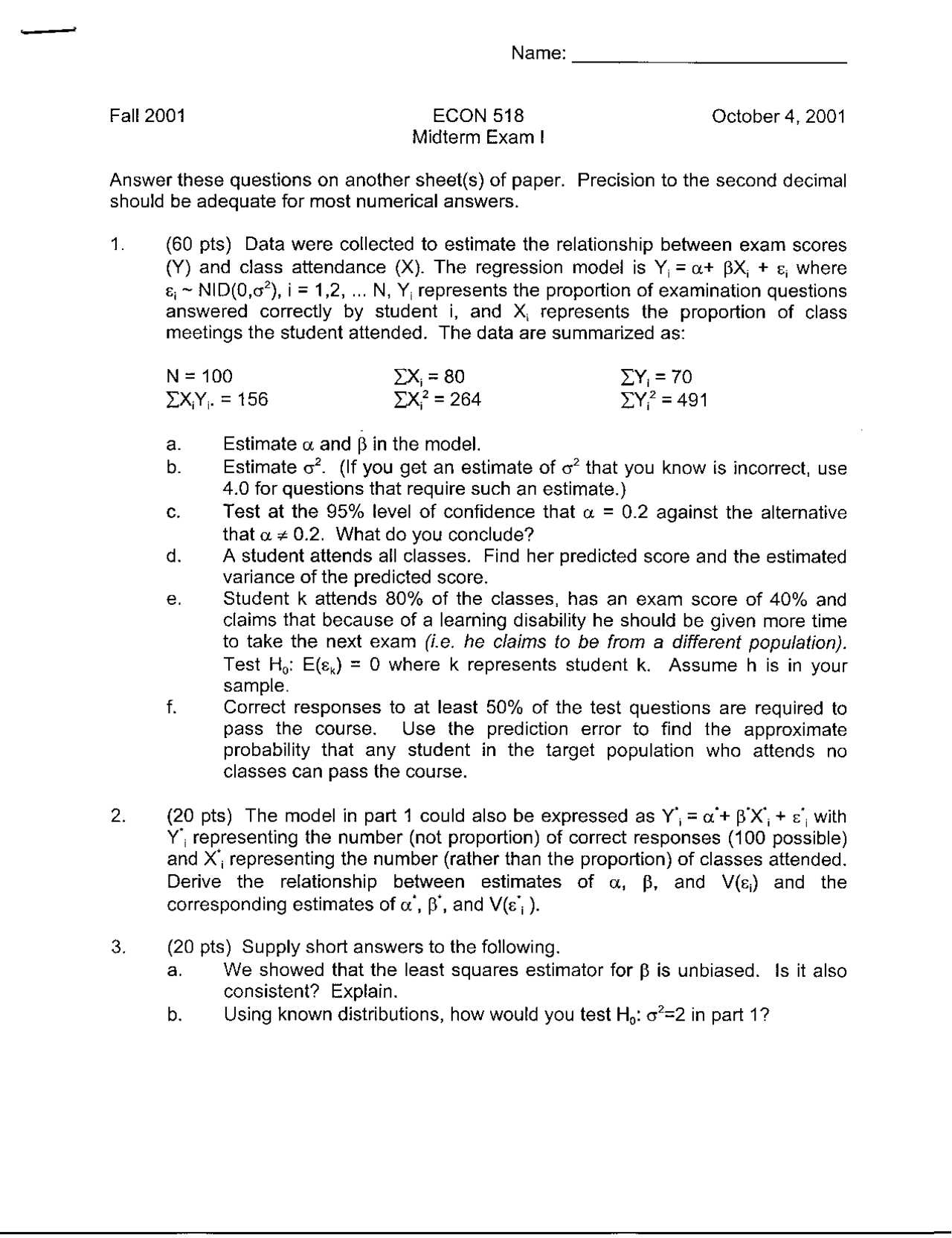 introduction to econometrics exam questions and answers