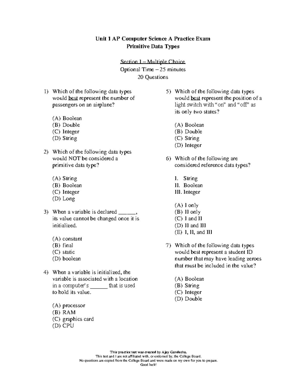 ap computer science a exam 2025 sample questions answers