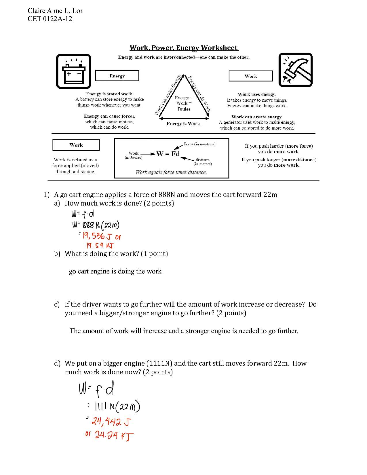 work energy calculations the physics classroom answers