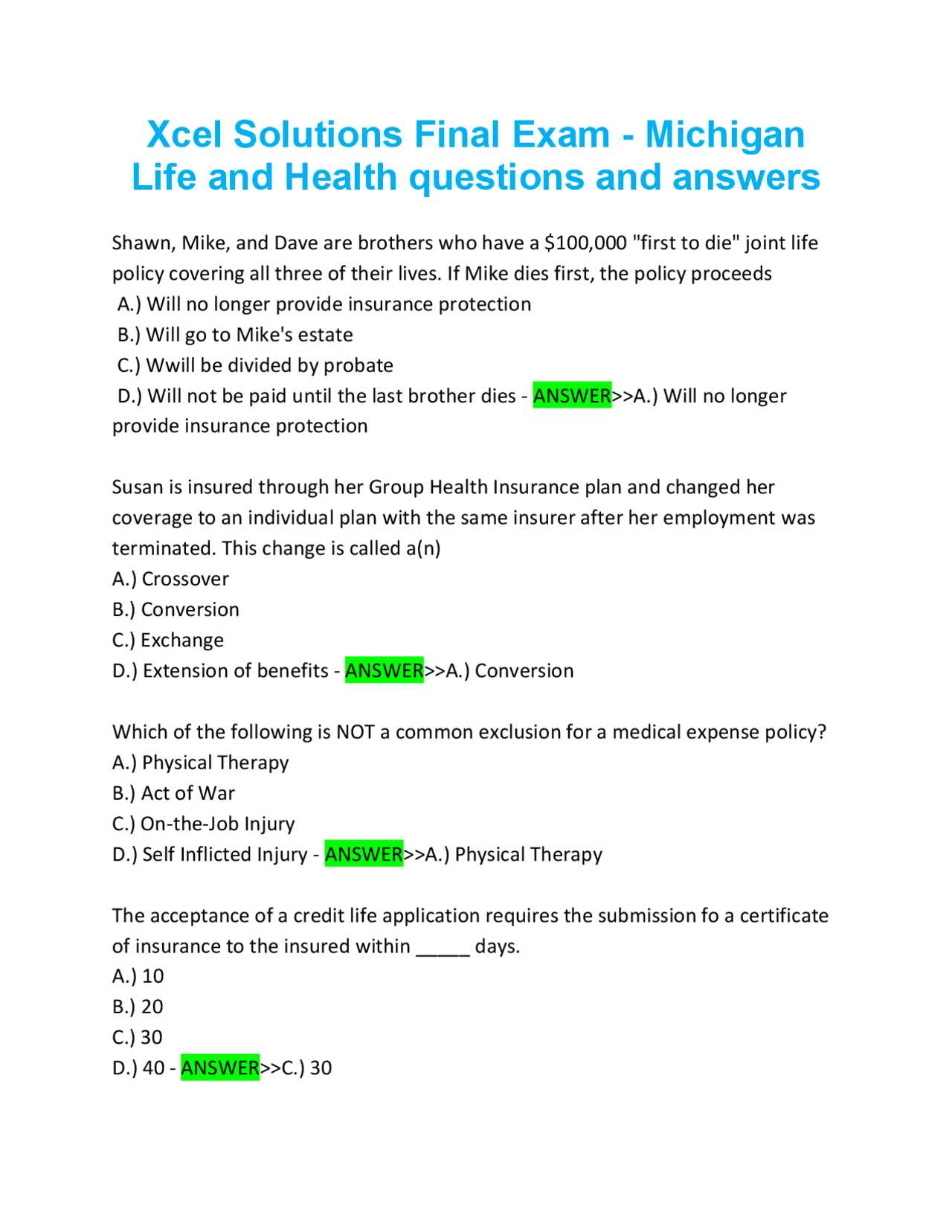 xcel solutions exam answers