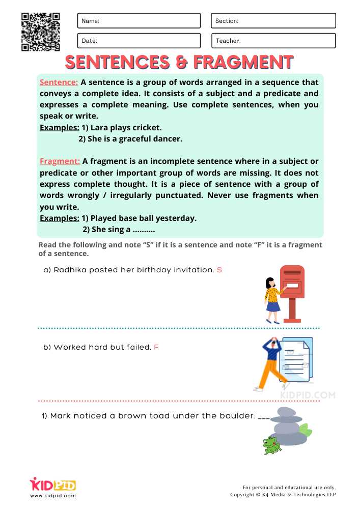 grammar worksheets sentence fragments answers