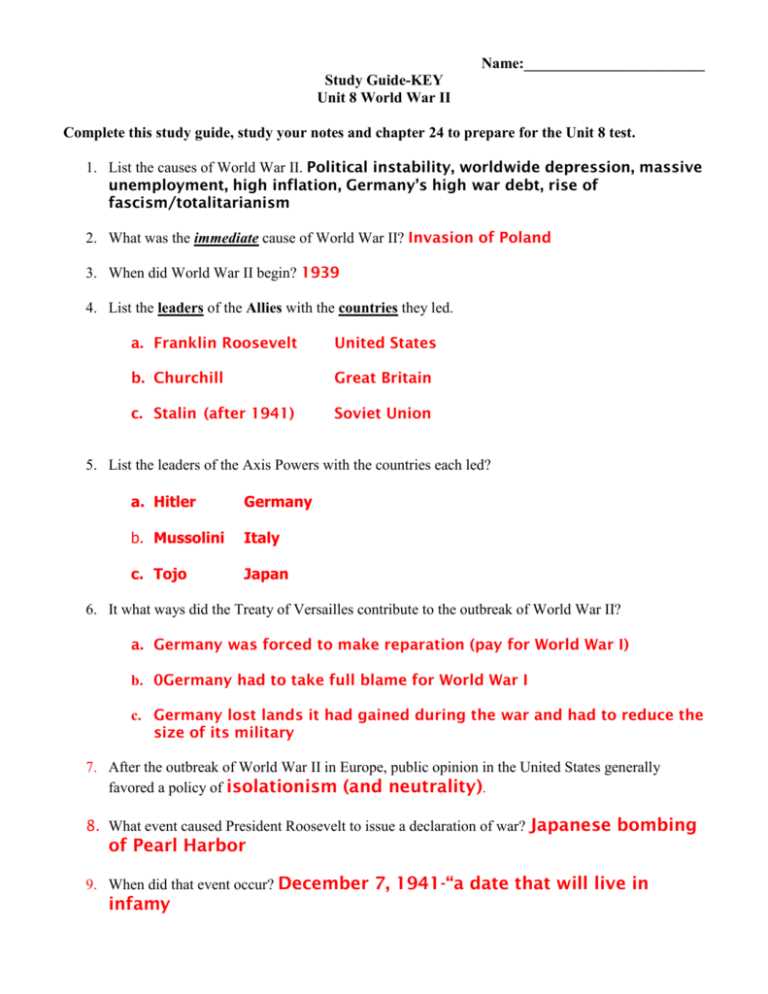 world war 2 exam answers