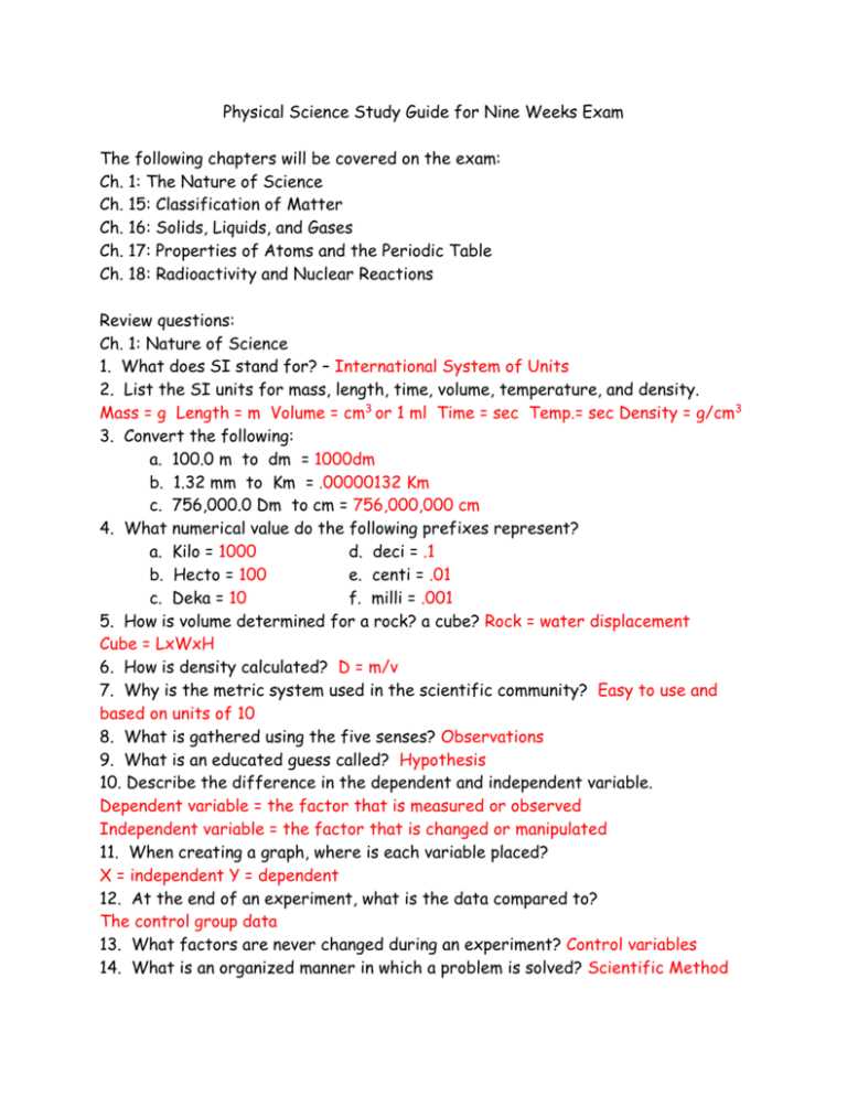 physical science chemistry study guide final exam