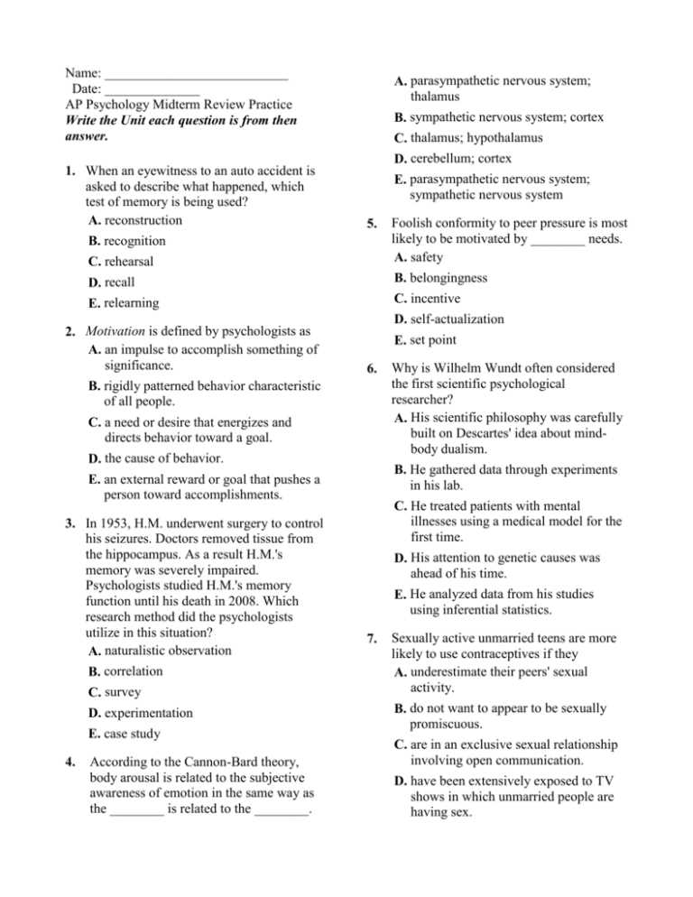 2008 ap psychology exam answers