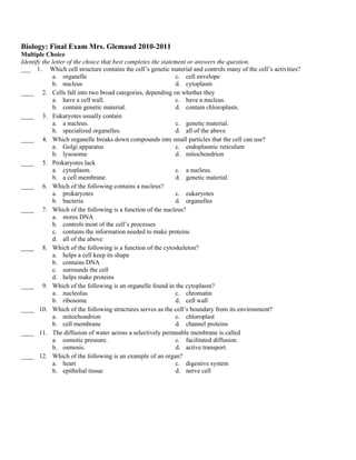 biology a final exam review answers