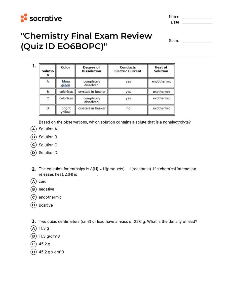 chemistry final exam review worksheet answers