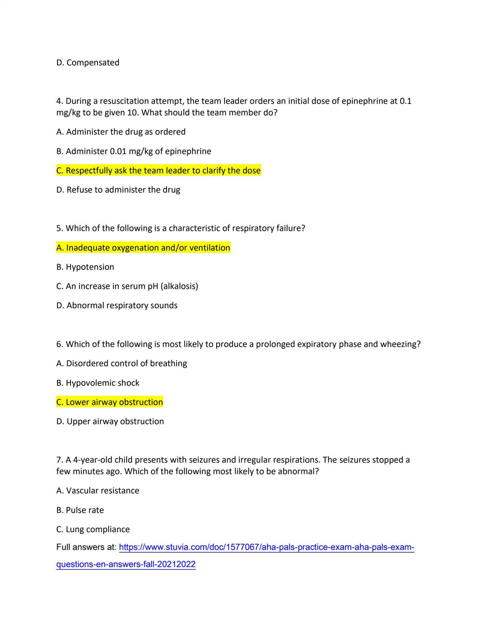 pals exam a answer key