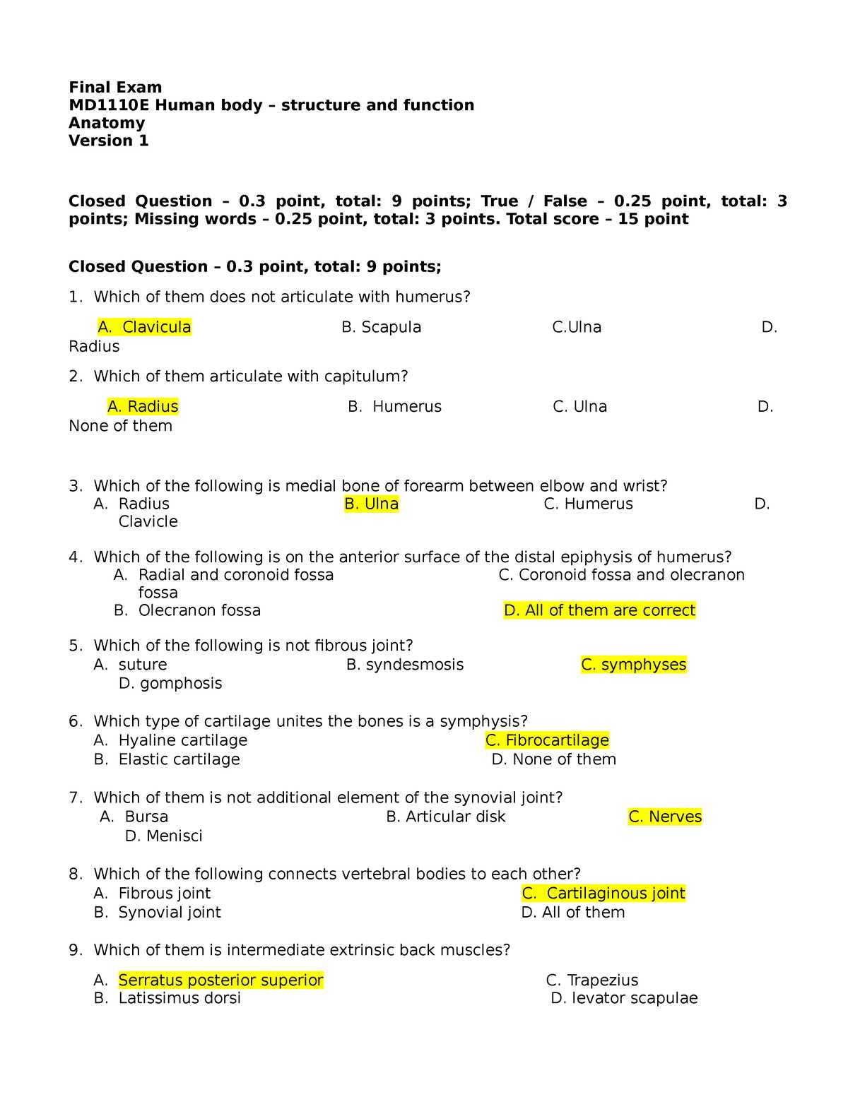 anatomy final exam answers