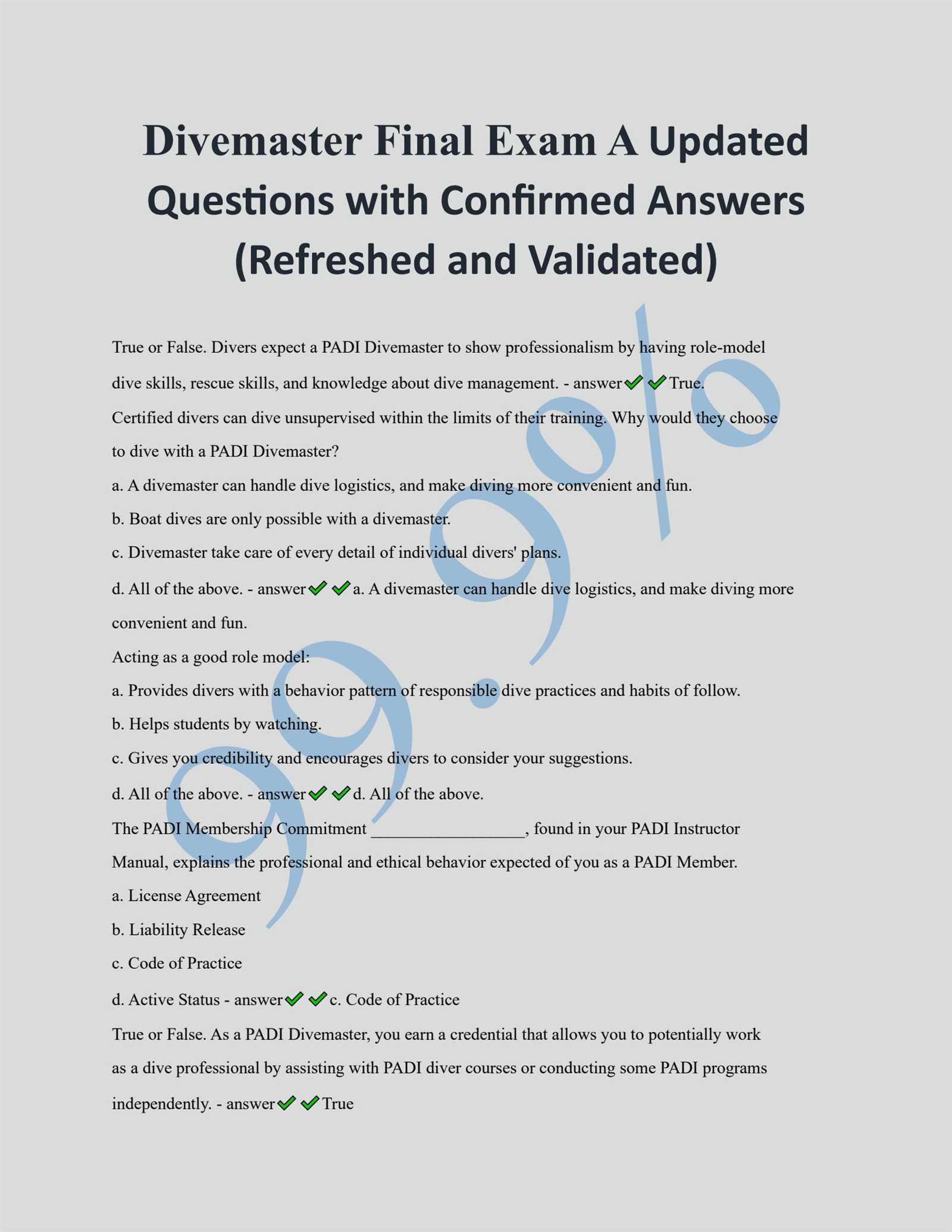 padi divemaster final exam answers