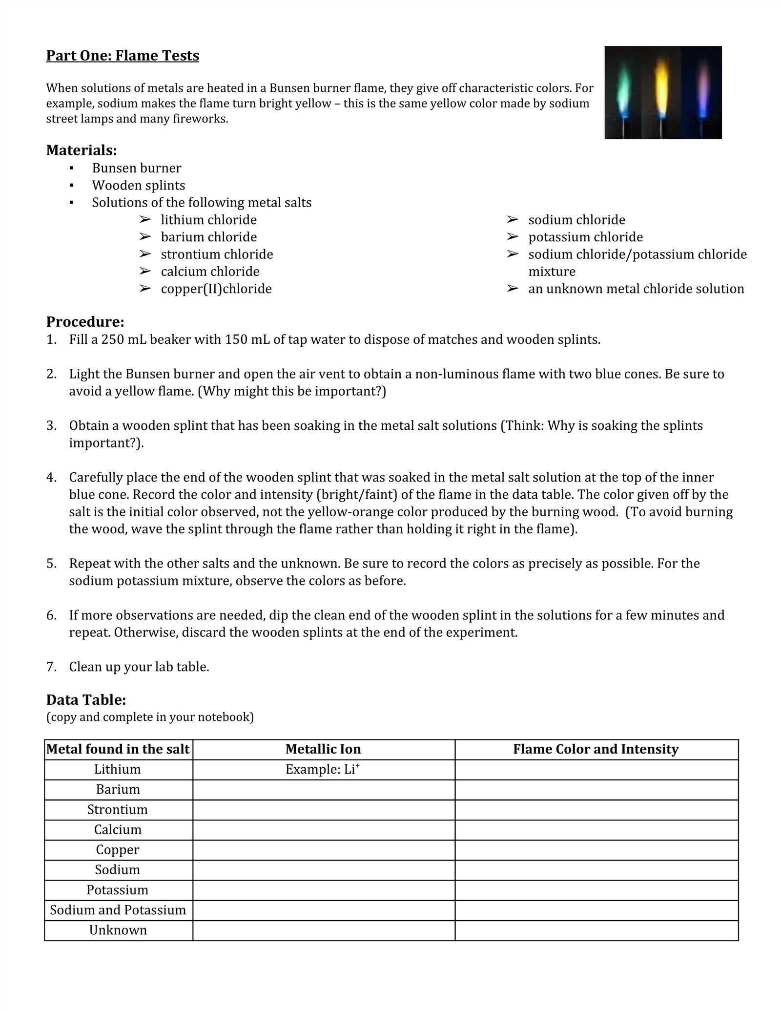 flame test lab answers