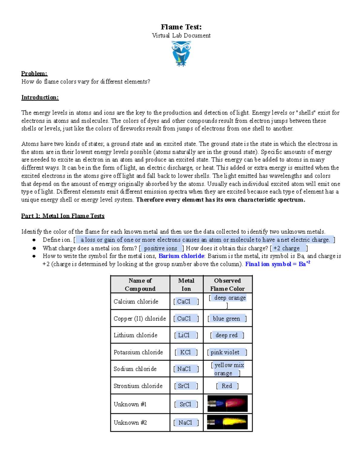 flame test lab answers
